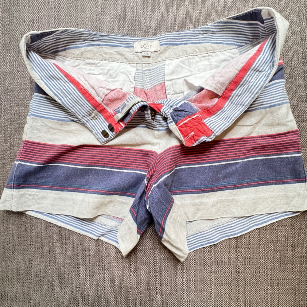 Loft Outlet Red White Blue Nautical Striped Linen Blend Shorts Womens 2